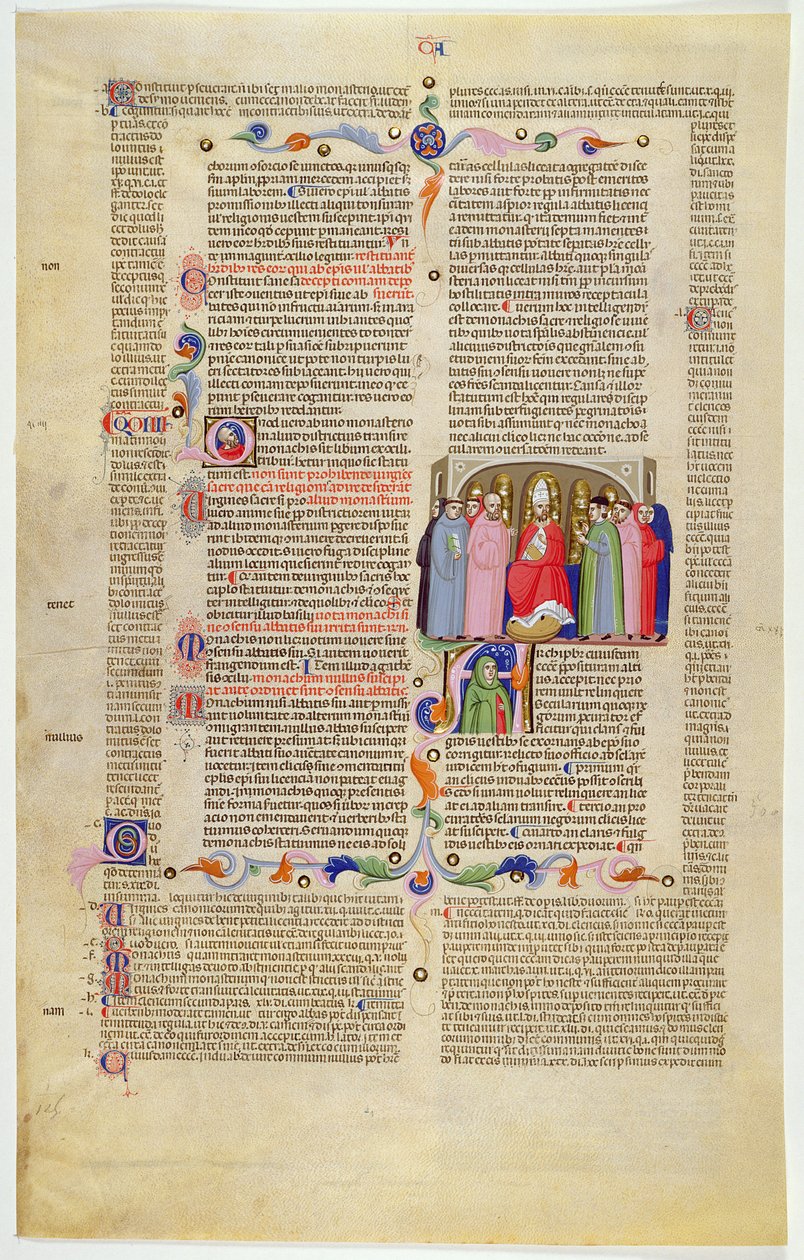 Marlay Cutting IT.10: Hoja con miniatura de Gratians Decretum mostrando al arzobispo entronizado entre clérigos y seglares de Italian School