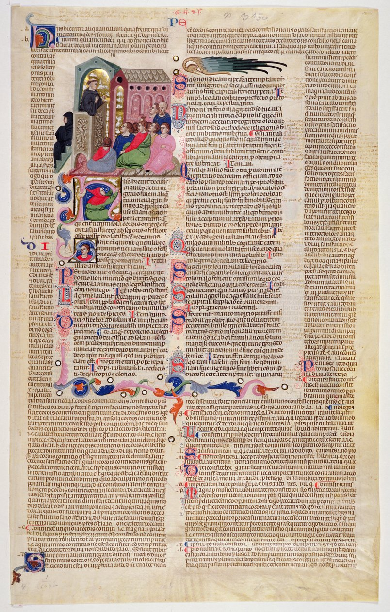 Marlay Cutting IT.11: Hoja con miniatura de Gratians Decretum mostrando a un monje predicando a una congregación de hombres y mujeres de Italian School