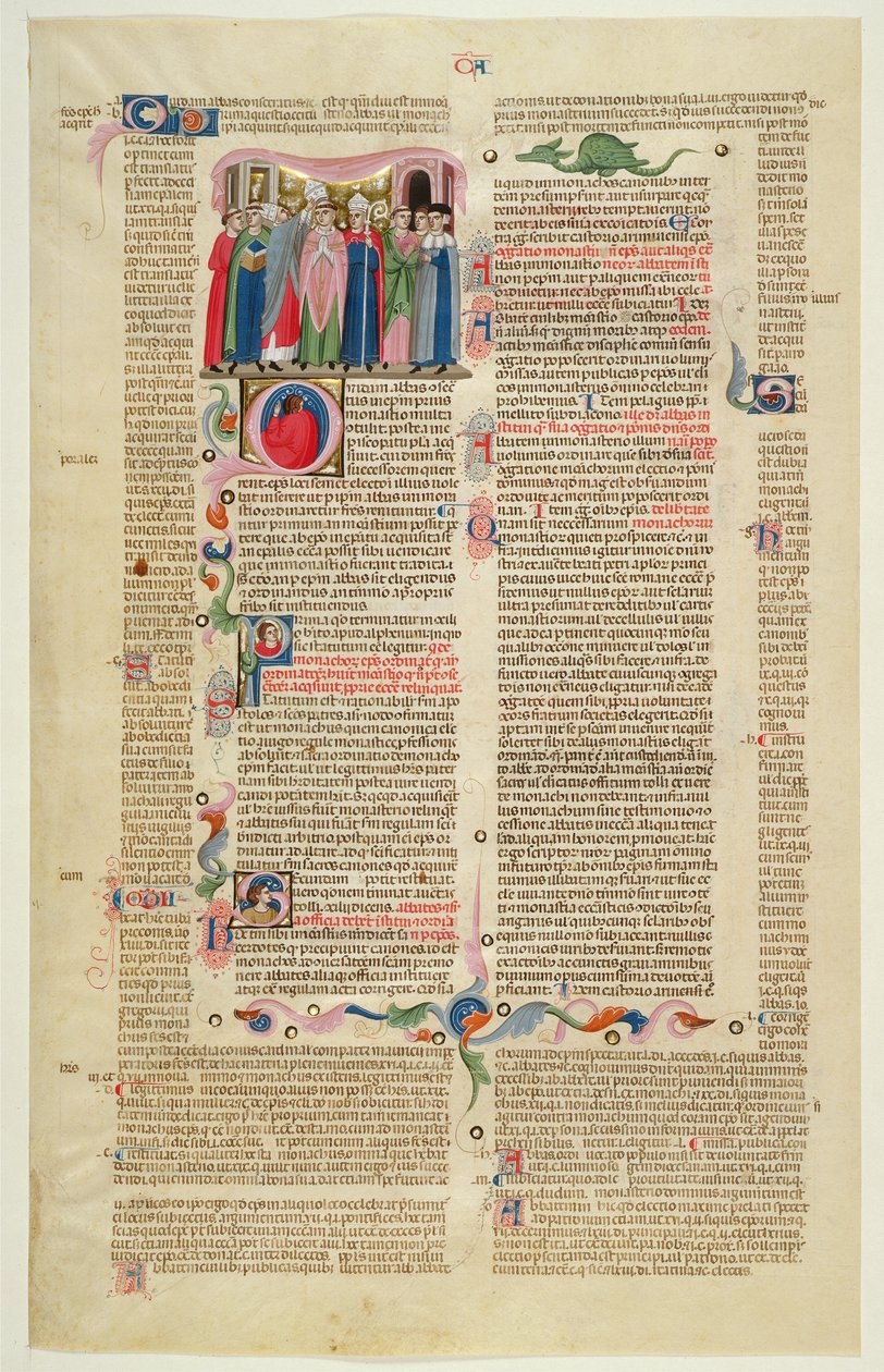 Marlay Cutting IT.7: Hoja con miniatura de Gratians Decretum mostrando el caso del abad hecho obispo de Italian School