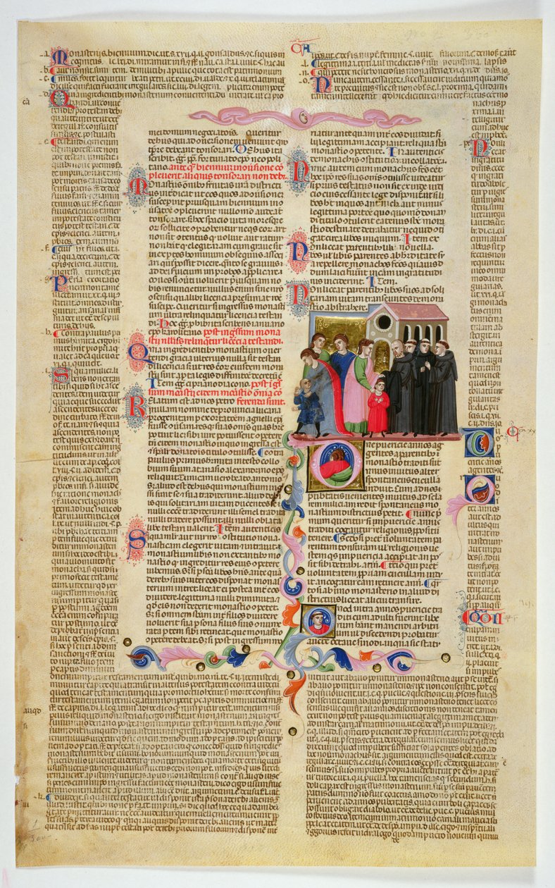 Marlay Cutting IT.9: Hoja con miniatura de Gratians Decretum mostrando a dos niños llevados a un monasterio por sus padres de Italian School