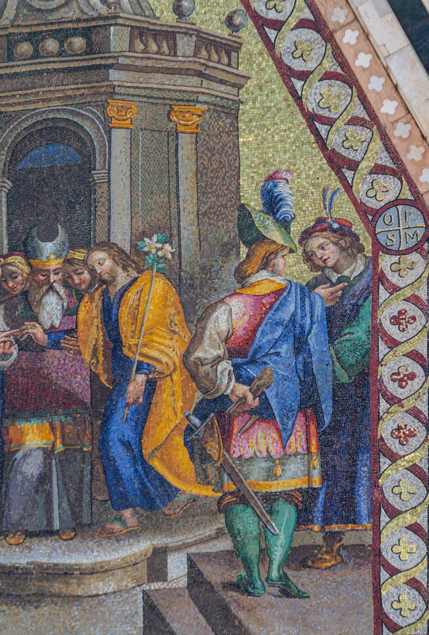 Matrimonio de la Virgen, mosaico, cúspide superior en la fachada de la catedral de Orvieto, Umbría, Italia de Italian School