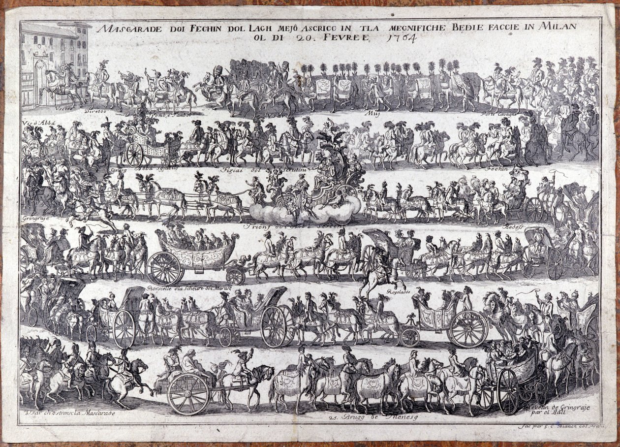 Mascarada: procesión y danza de personas enmascaradas con motivo del carnaval. Milán 20/02/1764 Grabado del siglo XVIII de Italian School