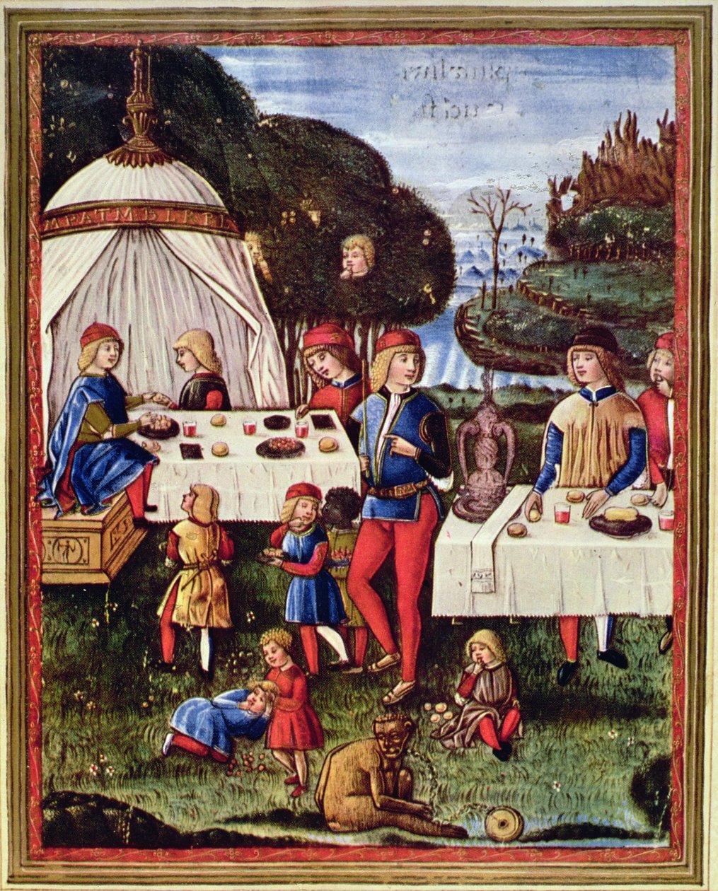 Maximiliano Sforza de niño comiendo en el jardín, ilustración de un ejemplar de "Ars grammatica" (velum) de Italian School