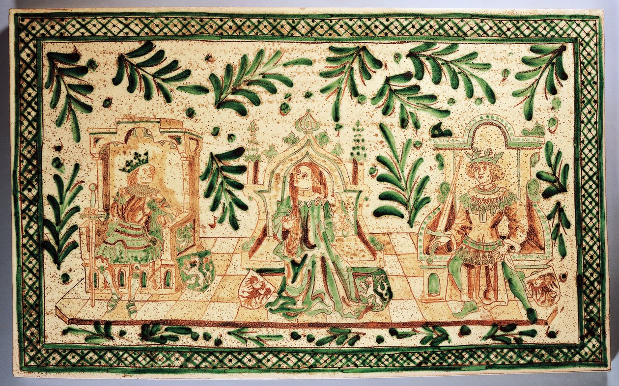 Placa decorativa de estilo medieval que representa a Constanza de Hauteville, Roger de Sicilia y Federico II de Hohenstaufen, fabricación Alessi, Caltagirone, Sicilia, Italia (cerámica) de Italian School
