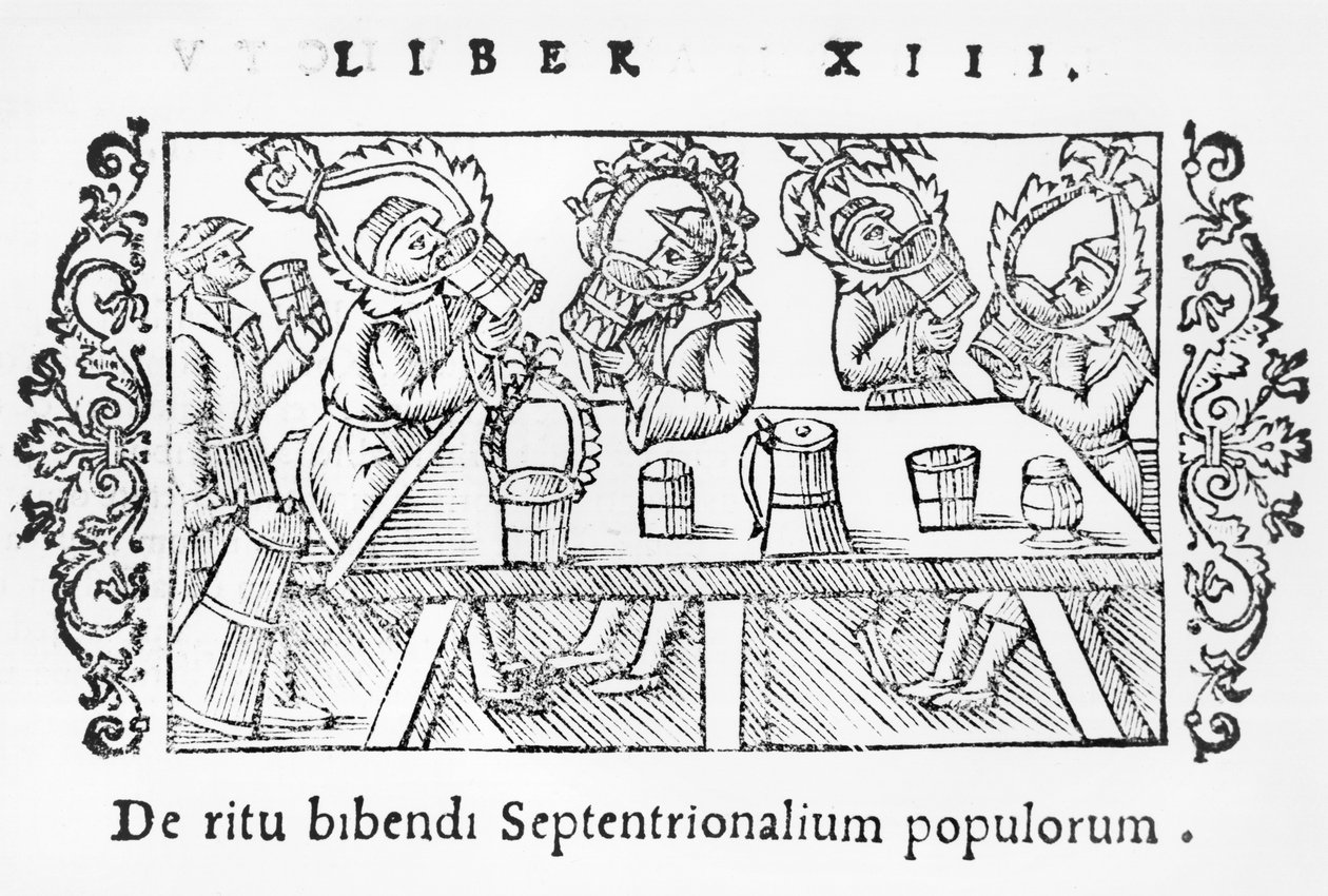 Hombres bebiendo, ilustración de Historia de Gentibus Septentrionalibus por Olaus Magnus, publicado en Roma, 1555 de Italian School