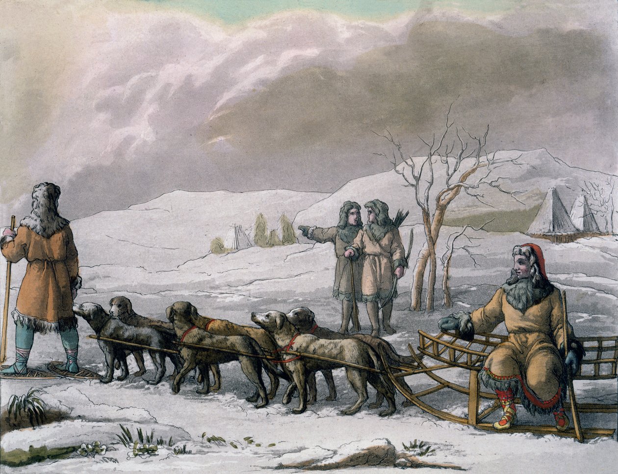 Hombres de Kamchatska, con un trineo de perros, de Costumi dei... por Giulio Ferrario, c.1820s-30s de Italian School