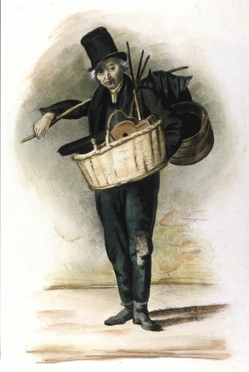 Oficio milanés: un reparador de paraguas y fuelles. Grabado de Locarno de 1830 de Italian School