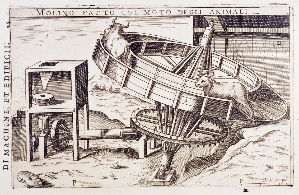 Molino movido por animales, grabado Italia de Italian School