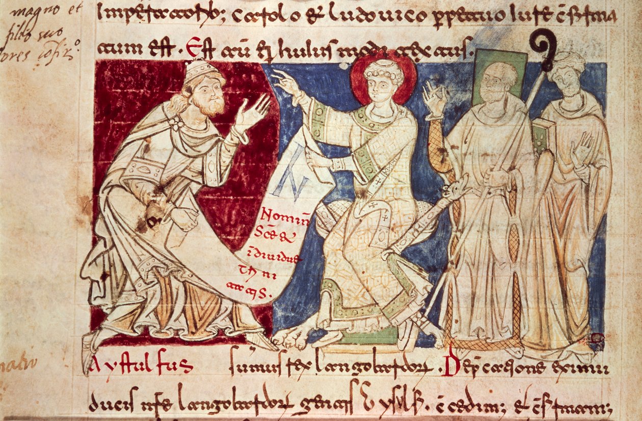 Miniatura del Chronicon Vulturnense, códice iluminado compuesto por el monje Iohannes, ca 1130, Italia de Italian School