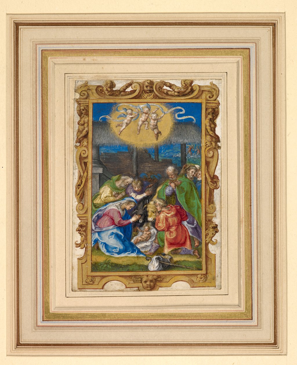 Miniatura de la Natividad con la Sagrada Familia y pastores en un establo, con tres amorcillos con un rollo inscrito arriba y la anunciación a los pastores al fondo (vitela) de Italian School