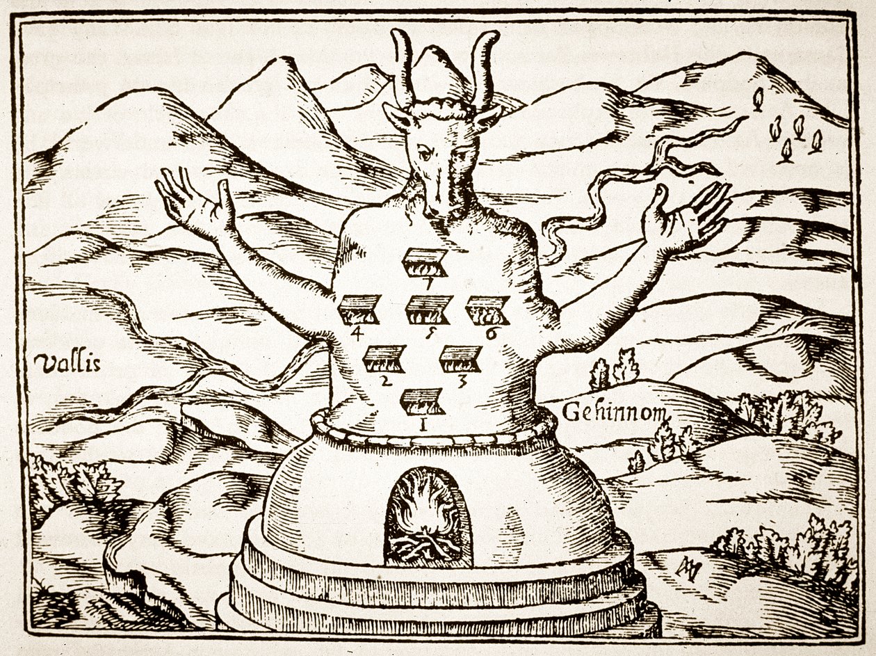 Moloch, copia de una ilustración de Oedipus Aegyptiacus por Athanasius Kirchner, Roma 1652, usado en una Historia de la Magia, publicado a finales del siglo XIX de Italian School