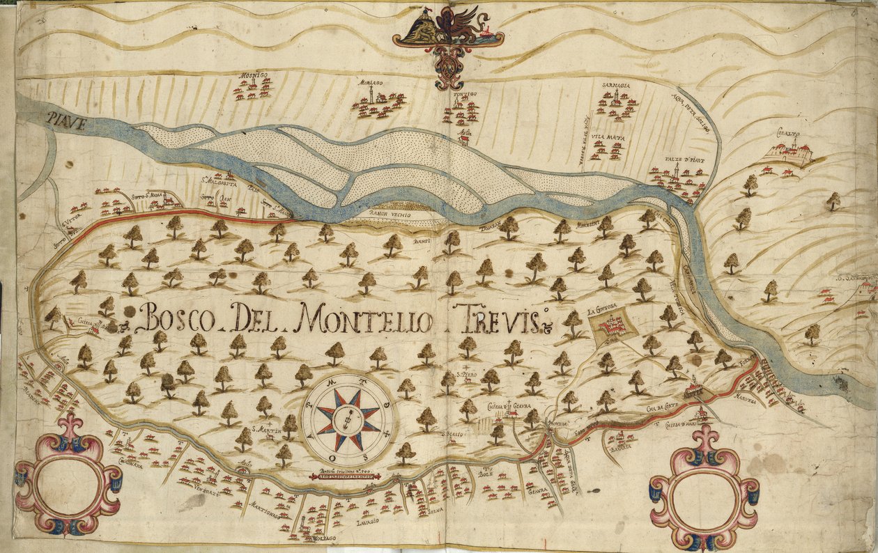 Montello, mapa, siglo XVIII, Véneto, Italia de Italian School
