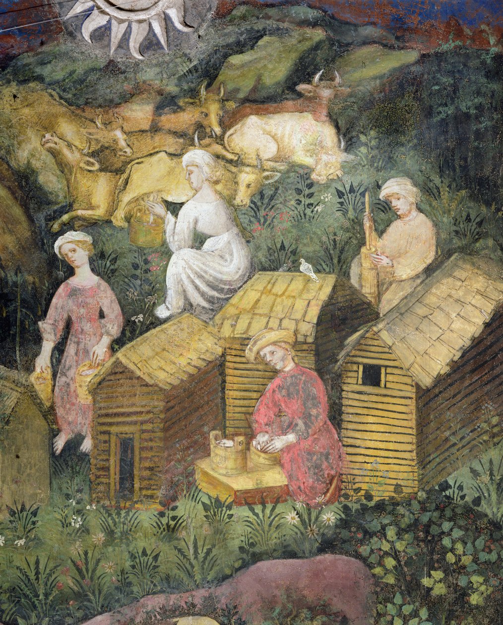 Pastos de montaña. Ordeño de las vacas y elaboración de queso (al fresco) de Italian School