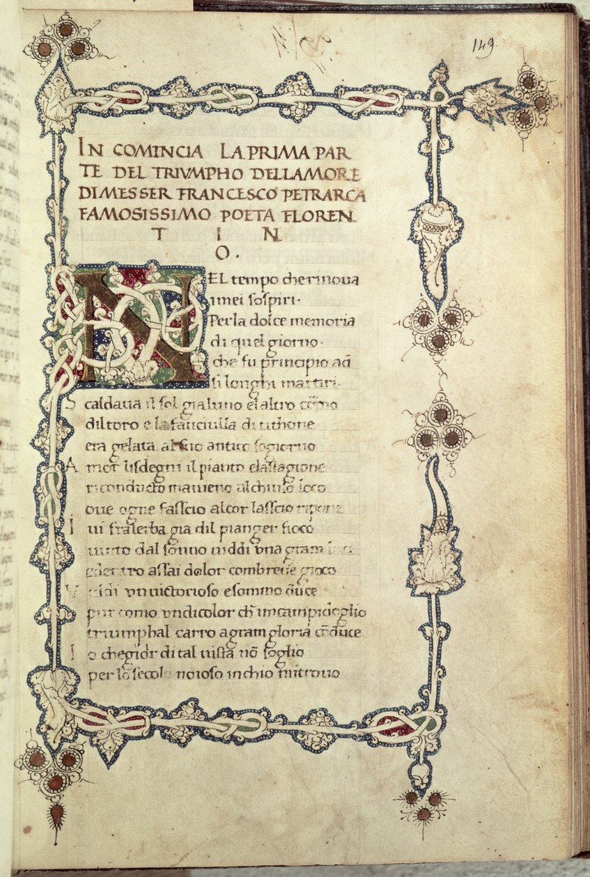 Ms.392 fol.149 El triunfo del amor, de "Sonetti, Canzoni e Triomphi" de Petrarca (1304-73) 1470 (vitela) de Italian School