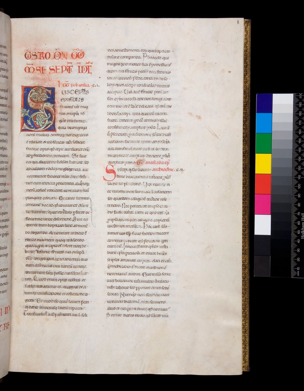 Ms 143. Gregorio el Grande, Registrum Epistolarum, f.8r. Inicial decorada [S] con relleno de hojas de vid blancas y remates de Italian School
