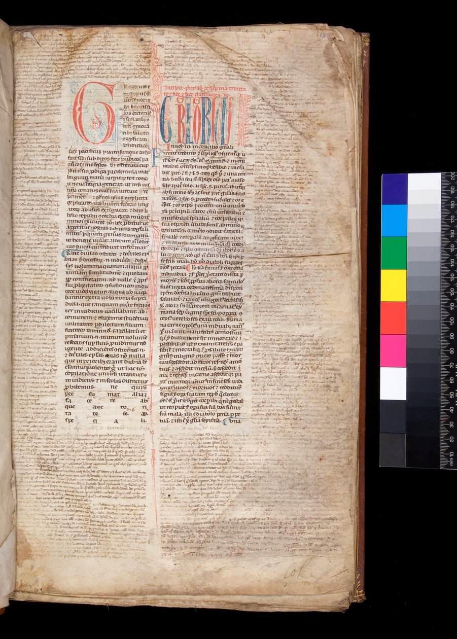 Gregorio IX, Decretales con Aparato de Bernardo Botone de Parma, inicial [G] en rojo con decoración de penwork azul de Italian School