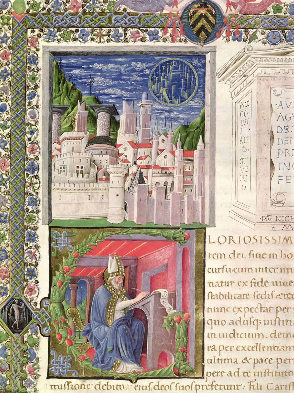 Ms 218 f.2r Vista de Roma como Ciudad de Dios, y San Agustín escribiendo, de "De Civitate Dei" de San Agustín de Hipona (354-430) 1459 (vitela) de Italian School