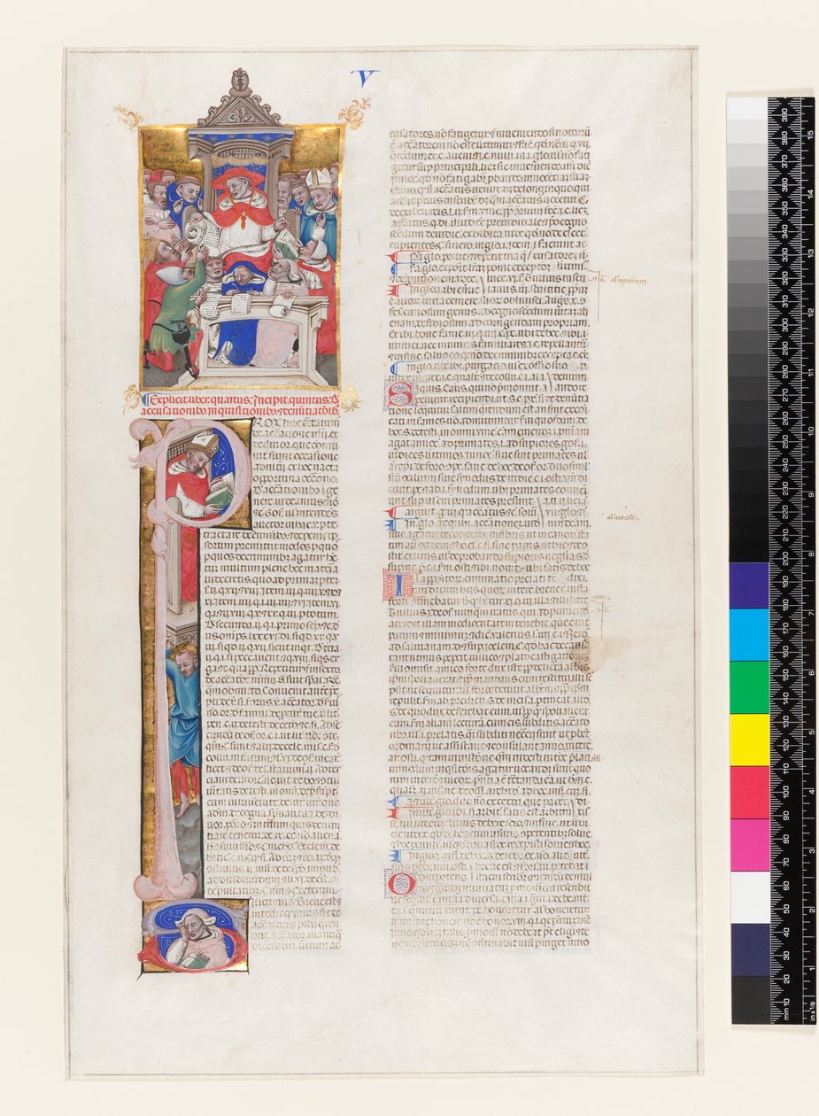 Ms 331 fol.1r Página de texto con una inicial historiada P y una miniatura que representa a un cardenal entronizado, del Libro V de las Decretales de Gregorio IX, de Bolonia, c.1350 de Italian School