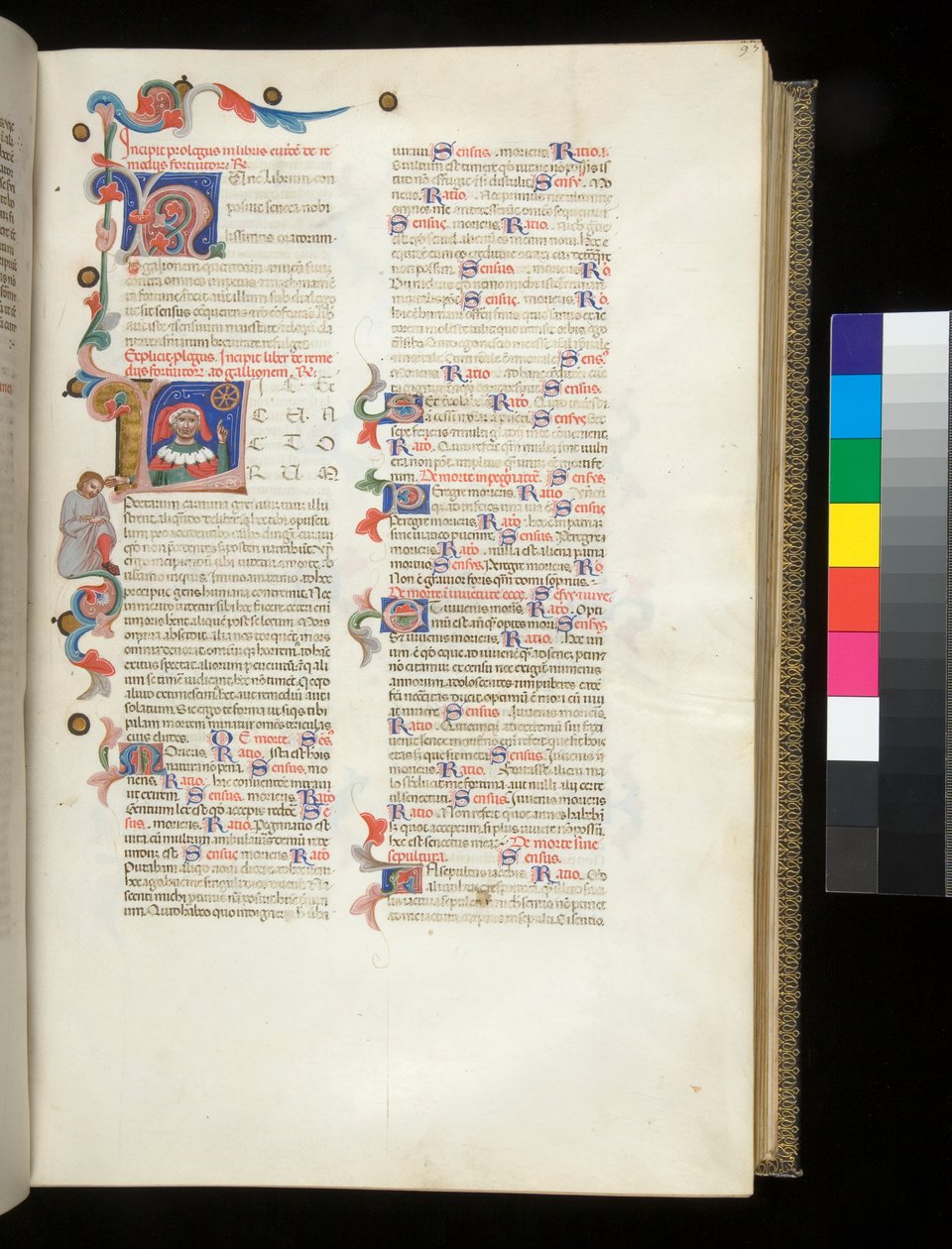 Ms 390. Séneca el Joven, Opera, y Séneca el Viejo, Excerpta controversiarum, f.95r. Inicial habitada [L], con retrato de Séneca señalando la Rueda de la Fortuna y una figura masculina abatida en el borde de Italian School