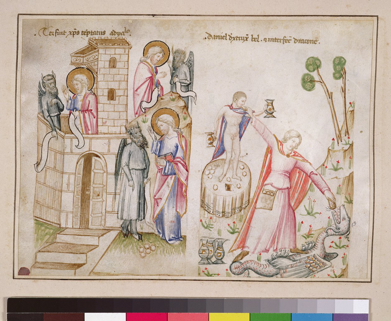 Ms 43-1950 (5v) Tentación de Cristo, Daniel destruyendo a Bel, del Speculum Humanae Salvationis de Italian School