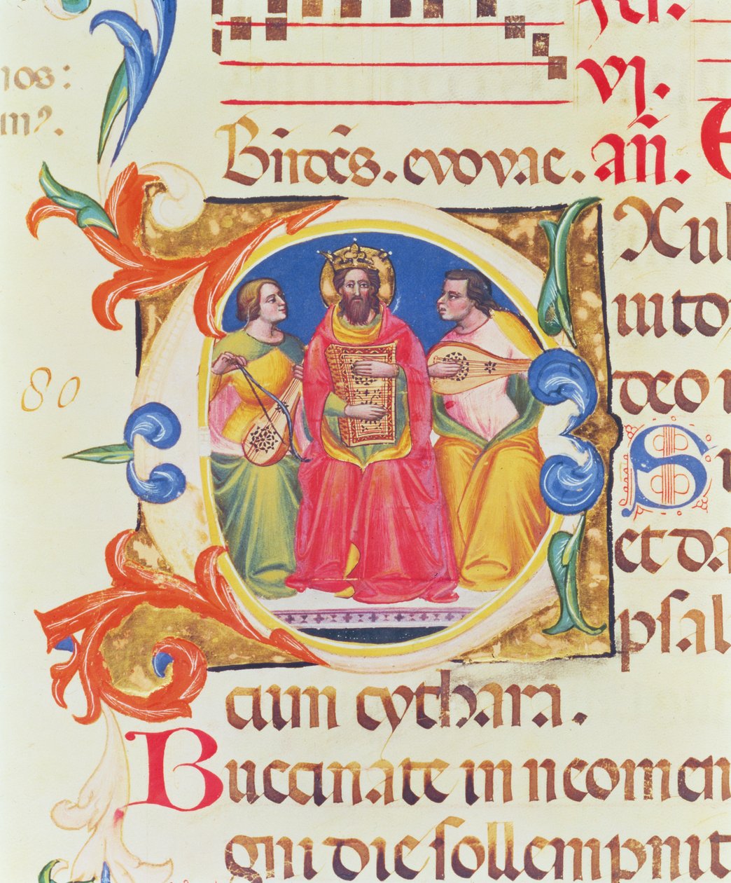 Ms. 559 f.155v Inicial historiada O que representa al Rey David y dos ángeles, del Salterio de Santa Maria Novella, iluminado por Paolo Soldini (fl.1342-86) 1379 de Italian School