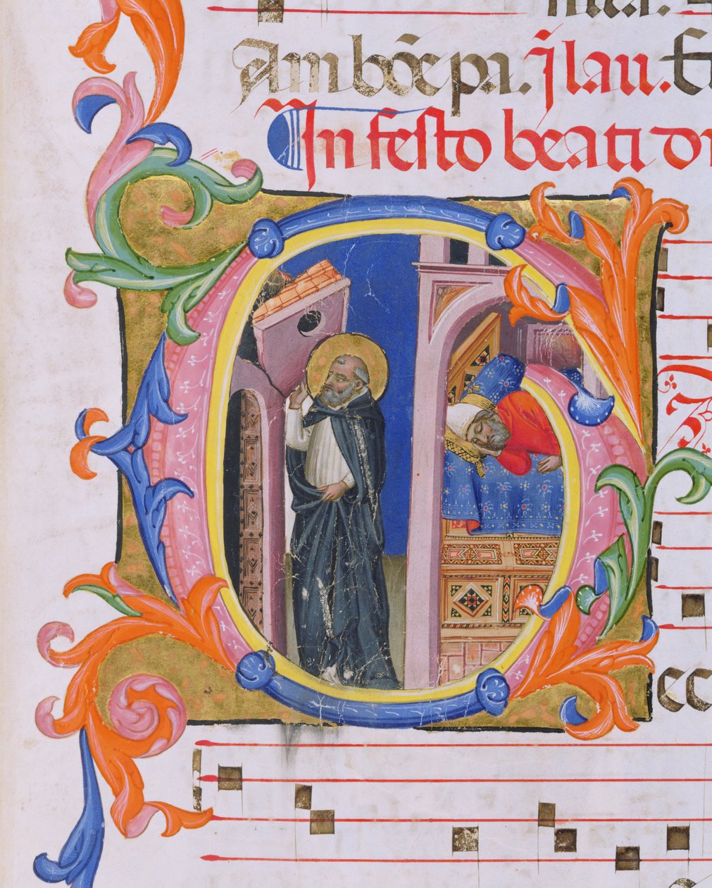 Ms 559 f.298v Inicial historiada G que representa a San Domingo sosteniendo la Iglesia y el sueño del Papa Honorio III (1216-27) del Salterio H de San Marco e Cenacoli de Italian School
