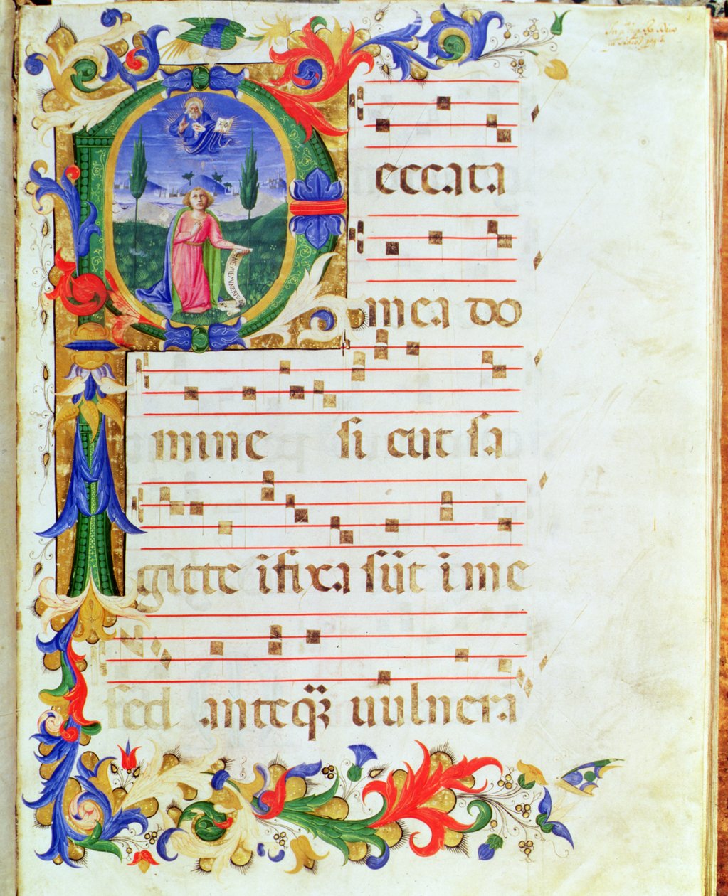 Ms 577 f.1 Inicial historiada "P" que representa una figura masculina en el desierto, del "Messale di Sant