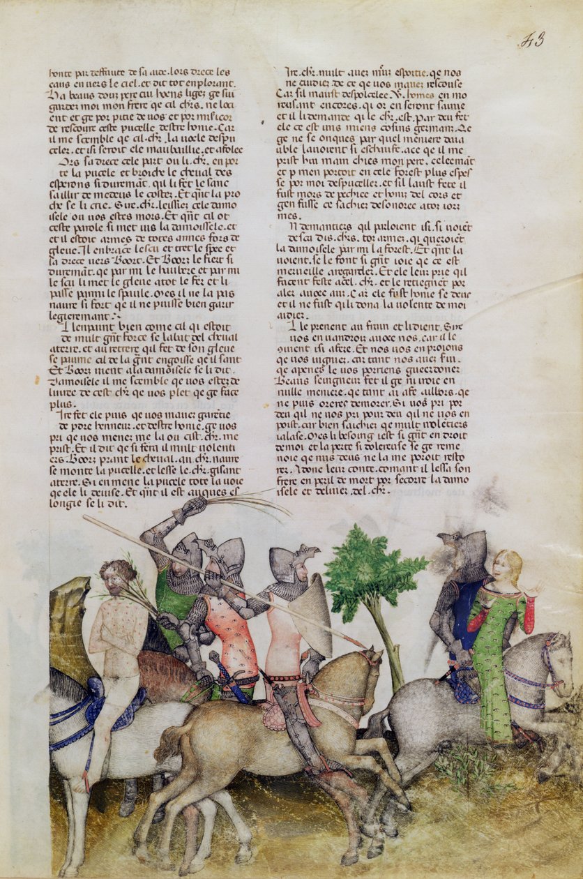 Un caballero de la Mesa Redonda, Sir Bors, se ve obligado a elegir entre rescatar a su hermano Lionel o salvar a una dama, de la Queste del Saint Graal, c.1380-85 de Italian School