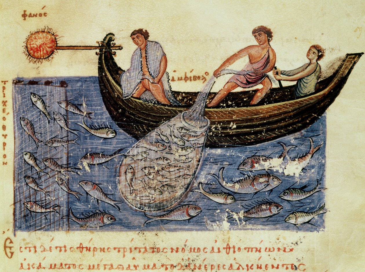 Ms Grec 479 Pesca con red, ilustración de la Halieutica de Oppian de Italian School