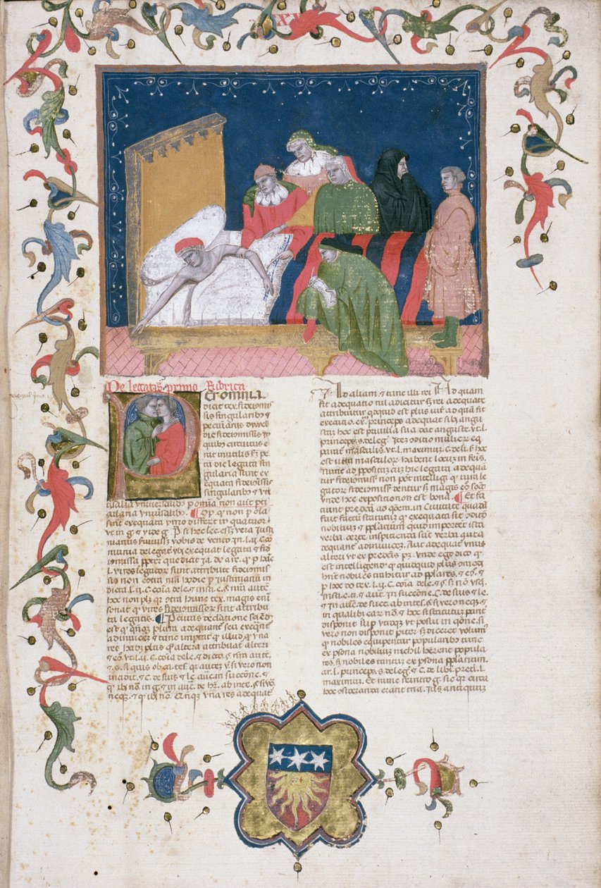 Ms Hunter 6 f.1r Un hombre haciendo su testamento, de la "Lectura super Infortiato" de Bartoli de Saxoferrato (1314-57) (vitela) de Italian School