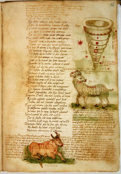Ms Ital 483 P.4.7 f.156v Aries y Tauro, del "Dittamondo" de Fazio degli Uberti (vitela) de Italian School