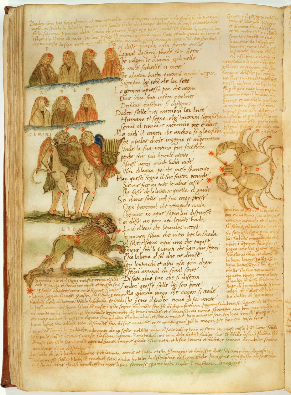 Ms Ital 483 P.4.7 f.156v Géminis, Leo y Cáncer, del "Dittamondo" de Fazio degli Uberti (vitela) de Italian School