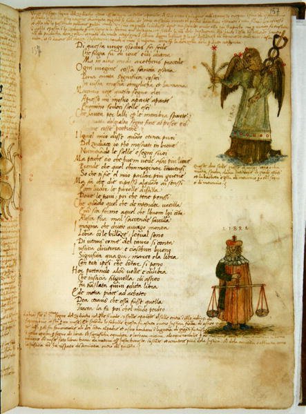Ms Ital 483 P.4.7 f.157r Virgo y Libra, del "Dittamondo" de Fazio degli Uberti (vitela) de Italian School