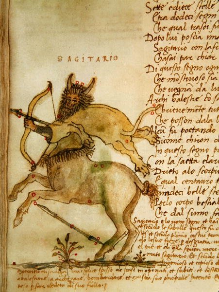 Ms Ital 483 P.4.7 f.157v Sagitario, del "Dittamondo" de Fazio degli Uberti (vitela) de Italian School