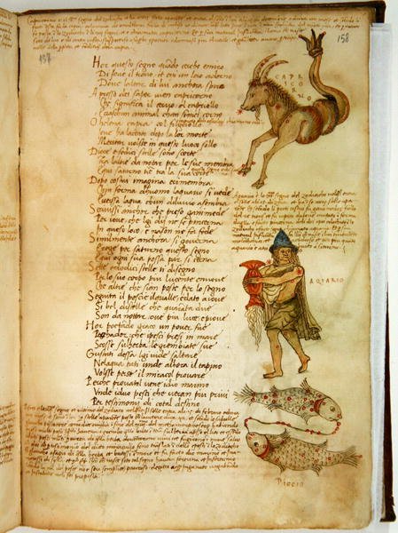 Ms Ital 483 P.4.7 f.158r Capricornio, Acuario y Piscis, del "Dittamondo" de Fazio degli Uberti (vitela) de Italian School