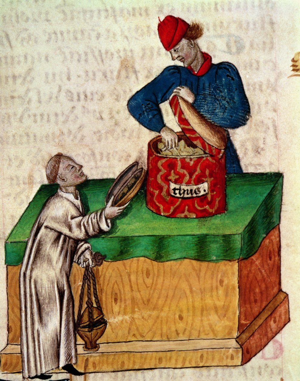 Ms Lat 993 fol.104r Vendedor de incienso, del "Tractatus de Herbis" de Dioscórides (vitela) de Italian School