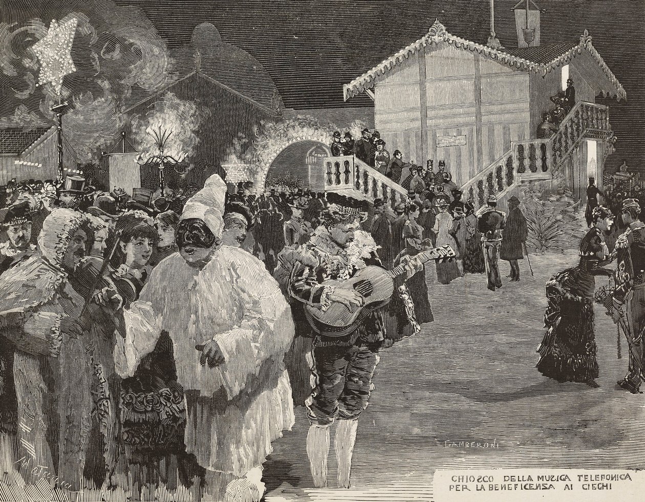 Quiosco de música para recaudar fondos para ciegos, máscara de Pulcinella, Carnaval en Nápoles, Italia, grabado de un dibujo de Matania, grabado por Gamberoni de L