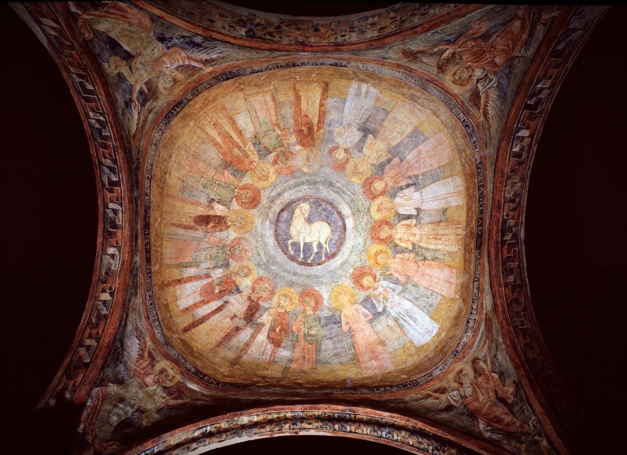Cordero místico rodeado de santos y ángeles (fresco) de Italian School