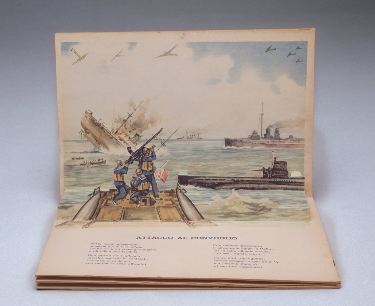 Batalla naval, ilustración tridimensional del libro infantil I nostri soldati (Nuestros soldados) de Italian School
