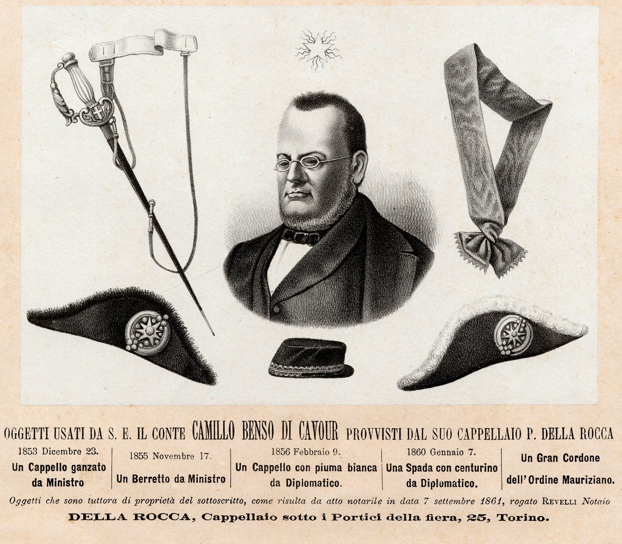 Objetos usados por Camillo Benso, conde de Cavour (1810-1861) - sombreros e insignias de sus funciones políticas y diplomáticas, con el gran cordón de la Orden de San Mauricio y San Lázaro - Grabado del siglo XIX de Italian School