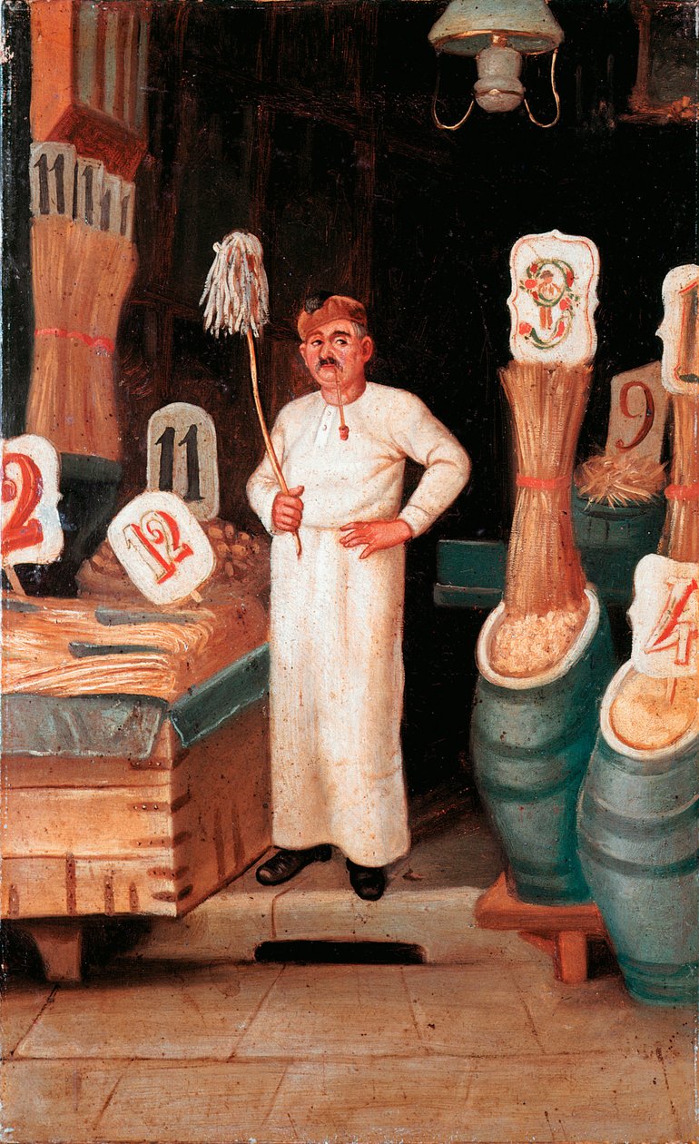 Antiguo oficio: la tienda del vendedor de pasta. Anónimo. Témpera. Siglo XIX. Museo Nazionale delle Paste Alimentari, Fundación Agnesi, Roma de Italian School