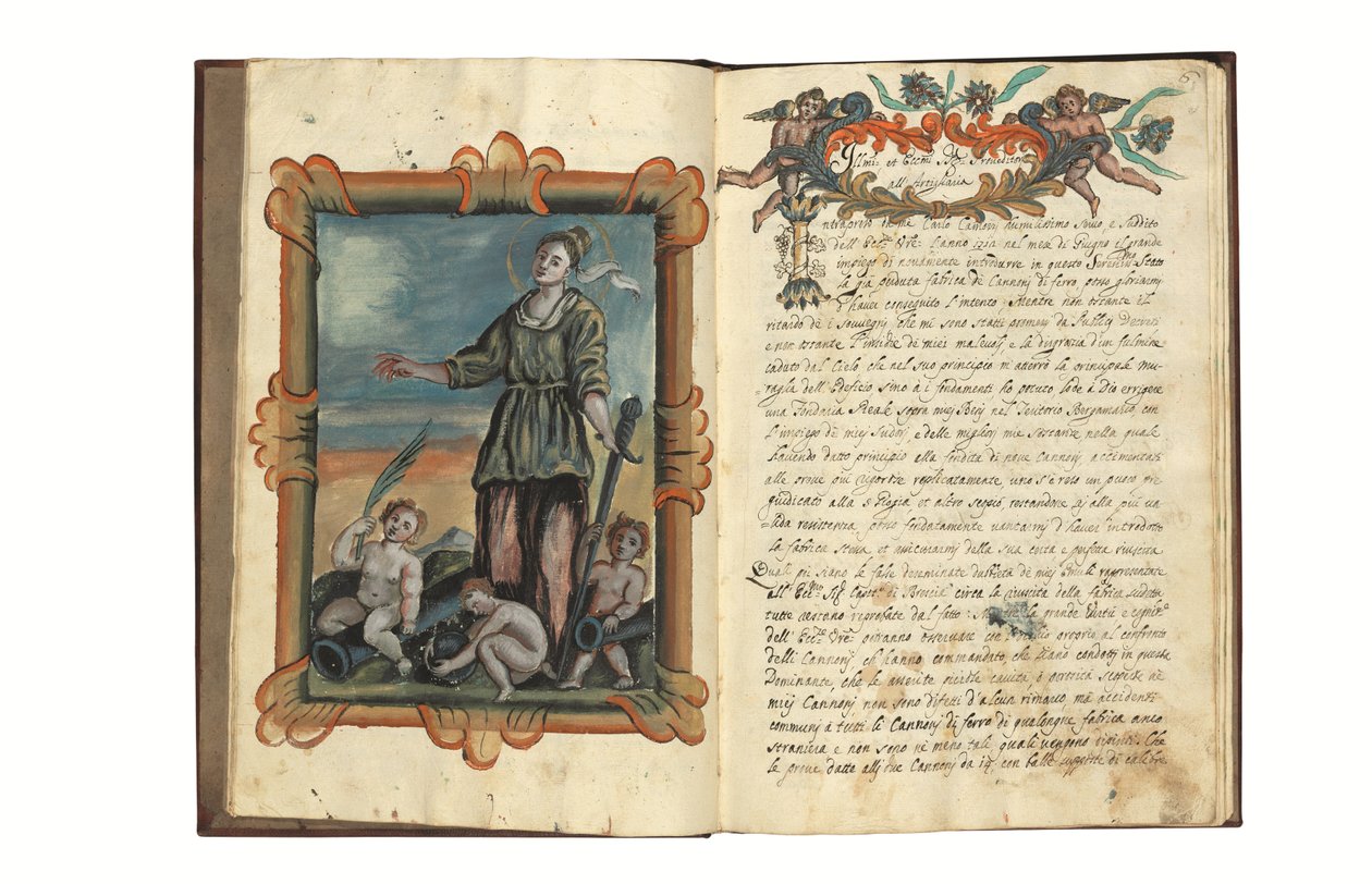 Sobre la fabricación de armas para la República de Venecia por Carlo Camozzi di Bergamo (fl.1712), en italiano y latín, manuscrito ilustrado sobre papel, Venecia, primera mitad del siglo XVIII (tinta y color sobre papel) de Italian School