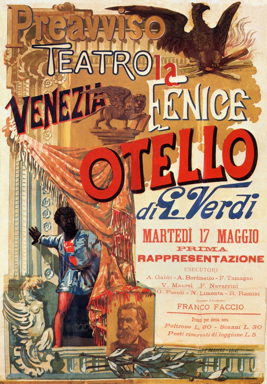 Otello: Cartel para la primera representación de la ópera Otello de Verdi en el Teatro Fenice en Venecia de Italian School