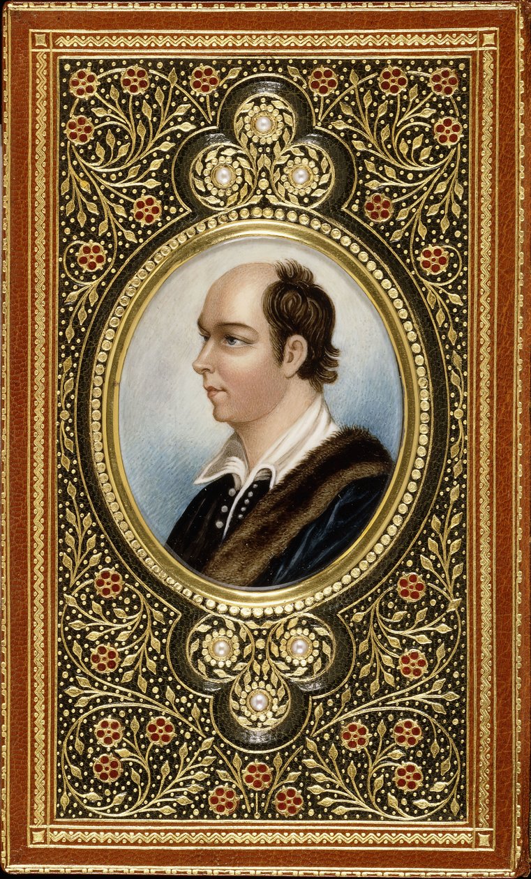 Retrato en miniatura ovalado de Oliver Goldsmith, enmarcado con tréboles dorados con tres perlas, 1831 de Italian School