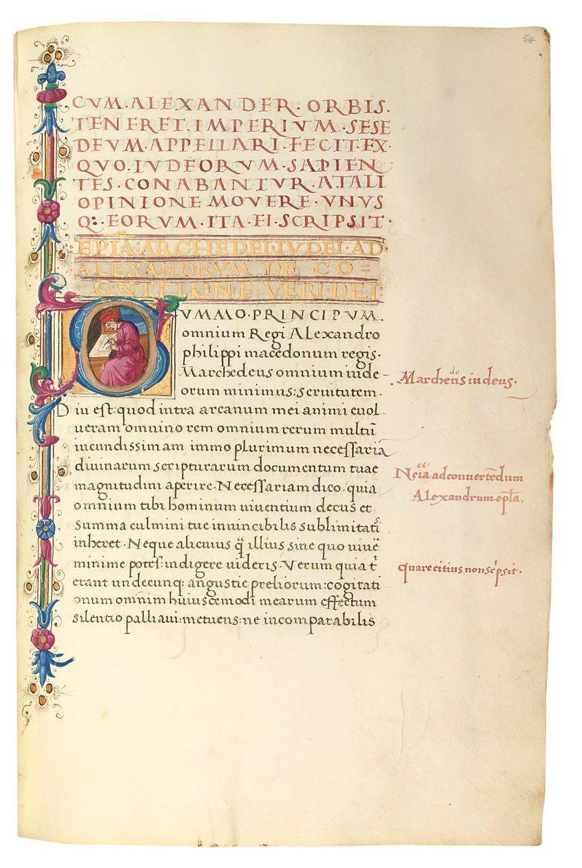 PSEUDO-ARISTOTLE, Secreta secretorum; "MARDOCHEUS IUDEUS", Epistola ad Alexandrum de cognitione veri dei; ADAM DE MONTALDO (fl. c.1450-1495), Divinitus prolata iudicia sive premonita; Quedam alia summatim posita iudicia, Roma, c.1490 (tinta y color sobre v de Italian School