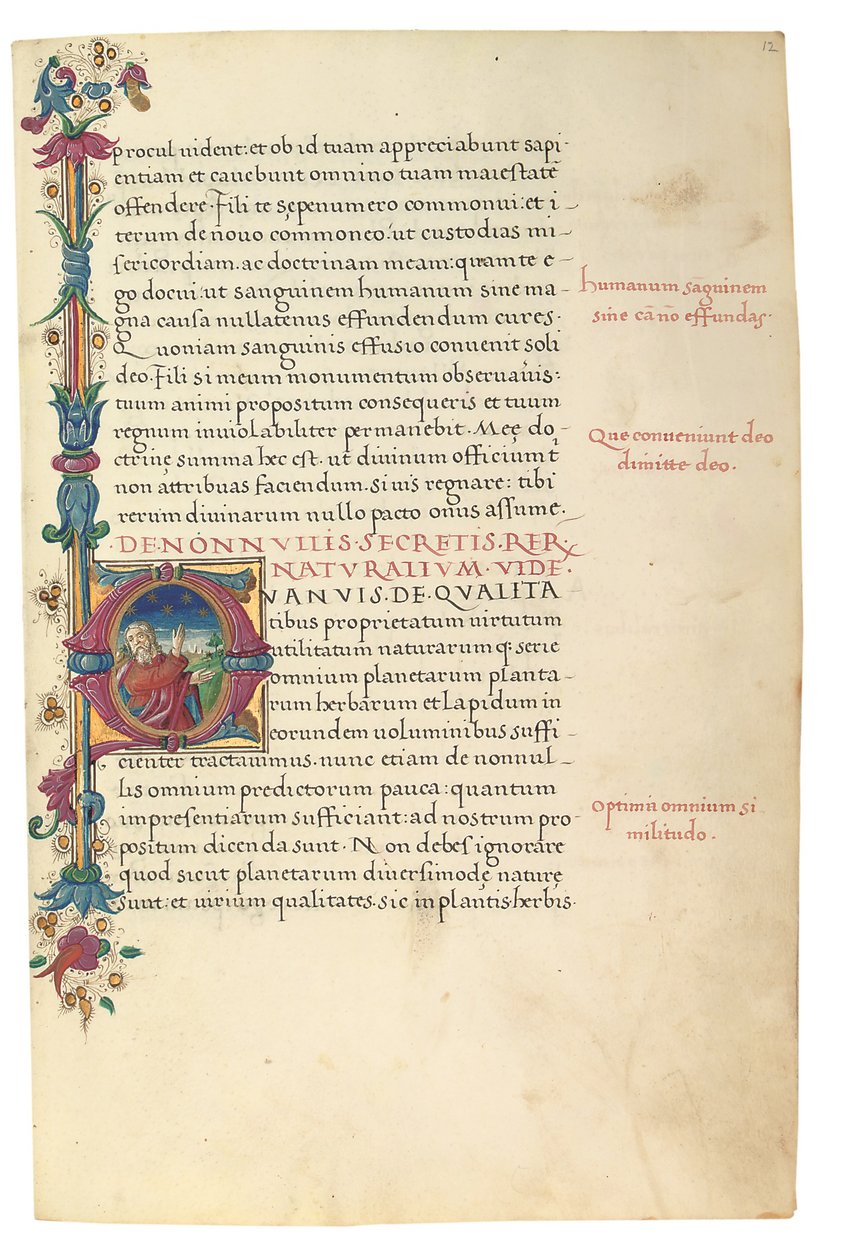 PSEUDO-ARISTOTLE, Secreta secretorum; "MARDOCHEUS IUDEUS", Epistola ad Alexandrum de cognitione veri dei; ADAM DE MONTALDO (fl. c.1450-1495), Divinitus prolata iudicia sive premonita; Quedam alia summatim posita iudicia, Roma, c.1490 (tinta y color sobre v de Italian School