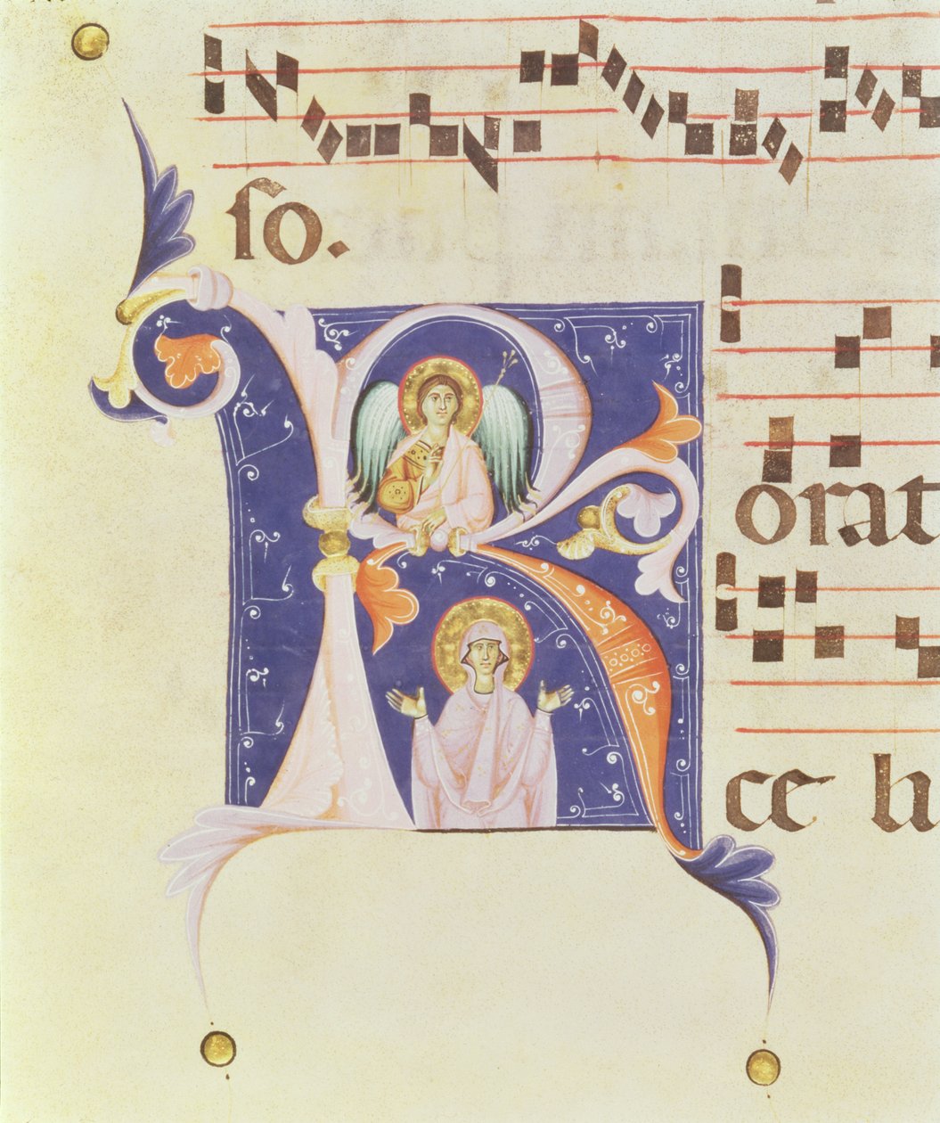P 23 V Inicial historiada "R" que representa un ángel y una santa (vitela) de Italian School