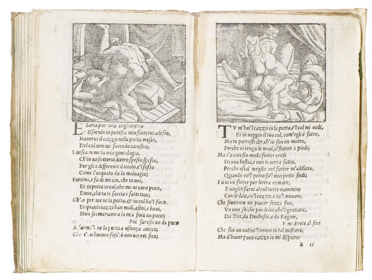 Página de "Sonetti Lussuriosi" de Pietro Aretino, ilustrada por Giulio Romano y grabada por Marcantonio Raimondi, publicada en Venecia, c.1527 de Italian School