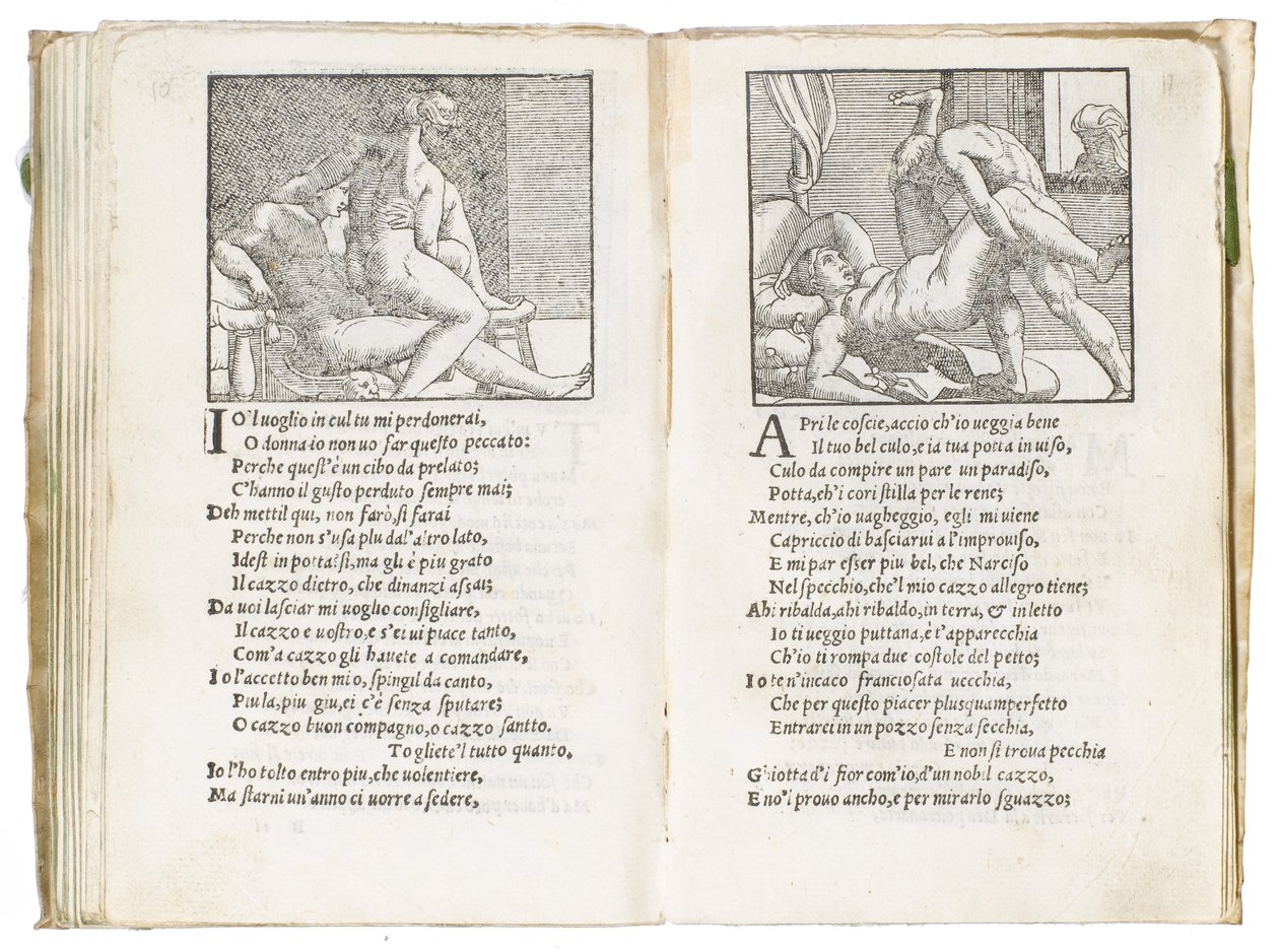 Página de "Sonetti Lussuriosi" de Pietro Aretino, ilustrada por Giulio Romano y grabada por Marcantonio Raimondi, publicada en Venecia, c.1527 de Italian School
