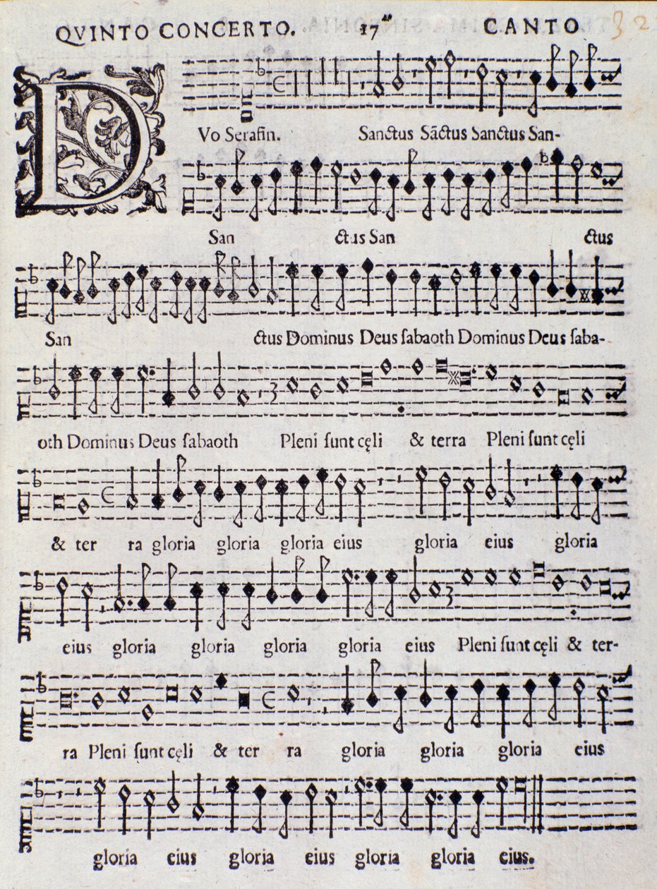 Página de la partitura musical del Concierto 5 en "Canzoni alla francese" de Adriano Banchieri de Italian School